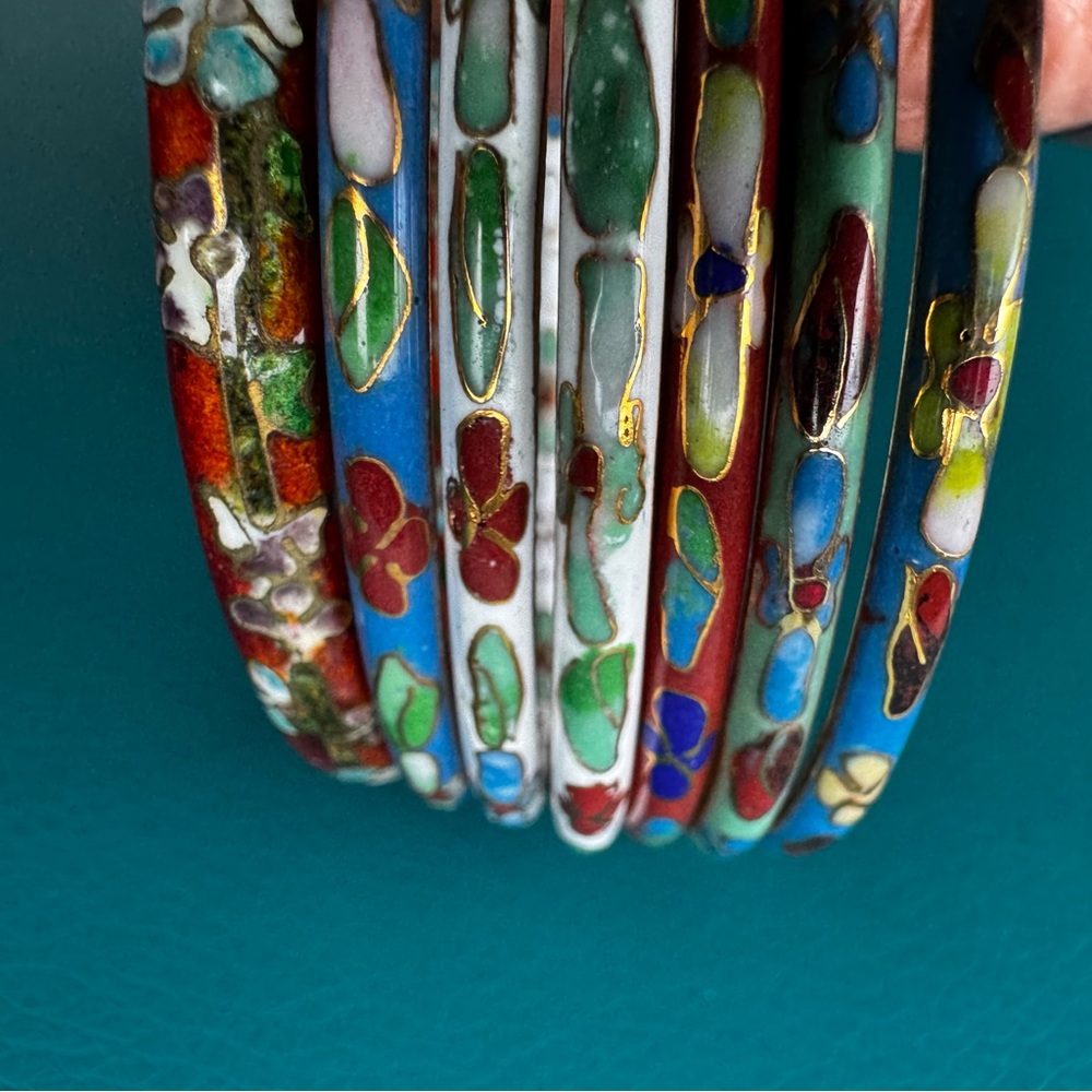 Vtg Set Of 7 Cloisonne Bangle Bracelets Asian Floral